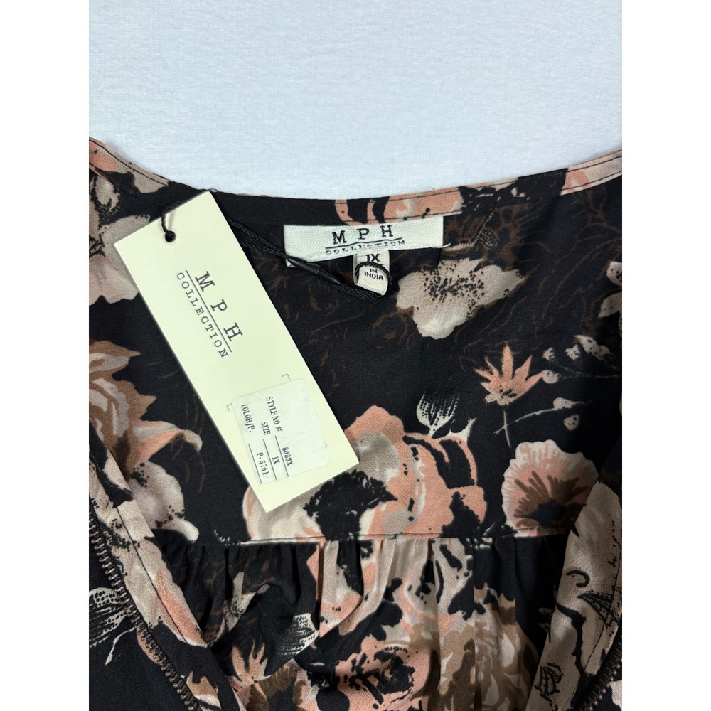 NWT MPH Collection Black Floral Zip Neck Roll Sleeve Tunic Blouse Plus Size 1X - Picture 3 of 6